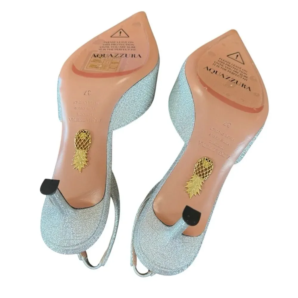 Aquazzura Crystal Hoop 50 Slingback Pumps Kitten Heel Silver NEW EU 37 US 7